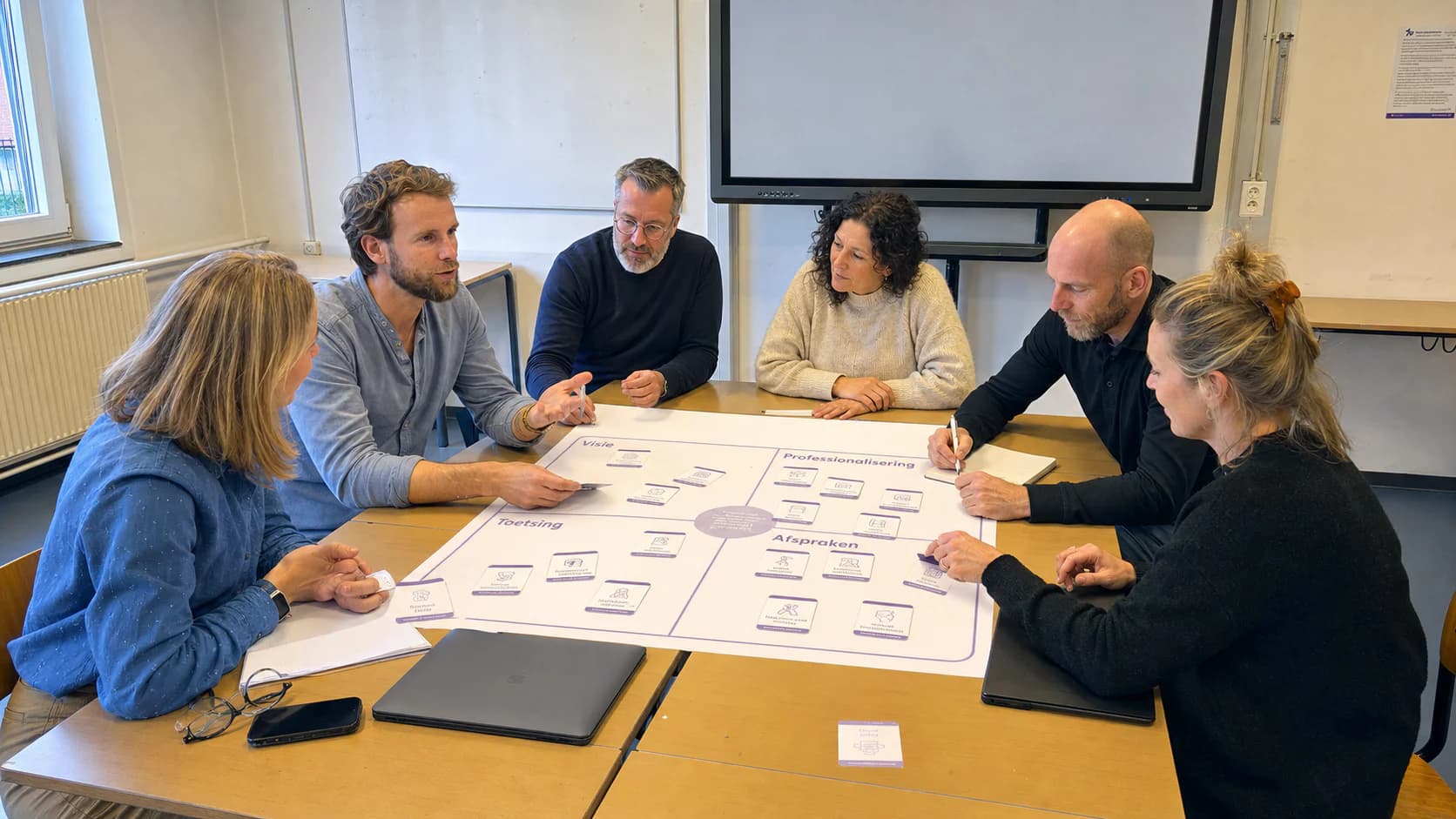 Tom Naberink en Marcel Mutsaarts gebruiken met een docententeam gesprekskaarten over visie, professionalisering, toetsing en afspraken rond AI.