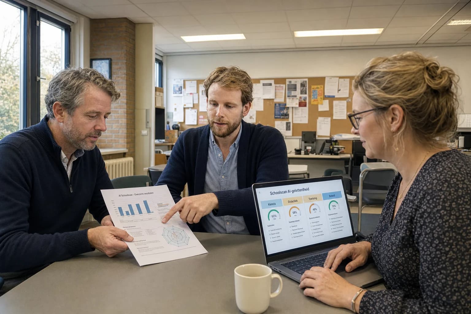 Tom Naberink bespreekt met een schoolteam de uitkomsten van een AI-Schoolscan.