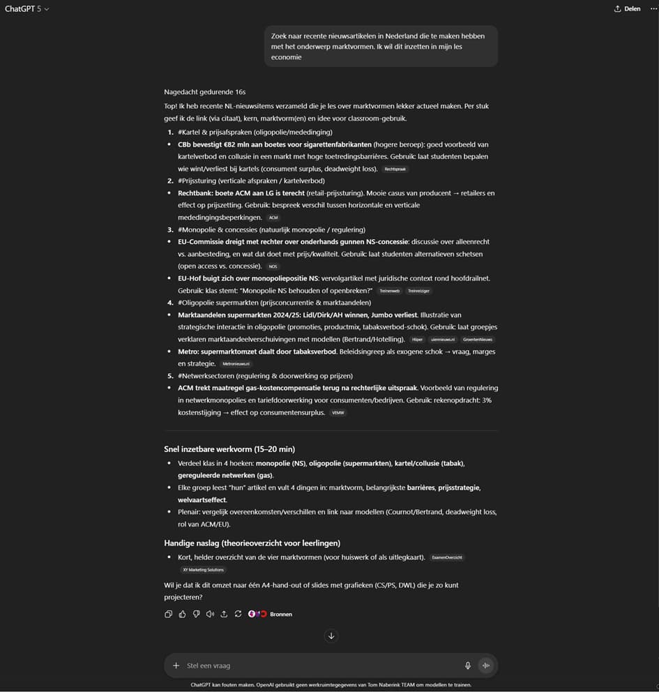 ChatGPT-zoekresultaat met vijf recente nieuwsartikelen over marktvormen