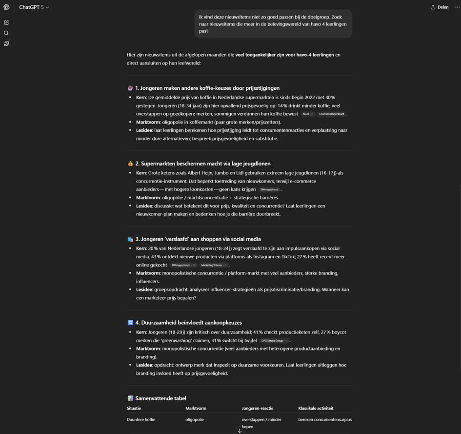 Aangescherpt ChatGPT-zoekresultaat met vier nieuwsitems voor havo 4-leerlingen