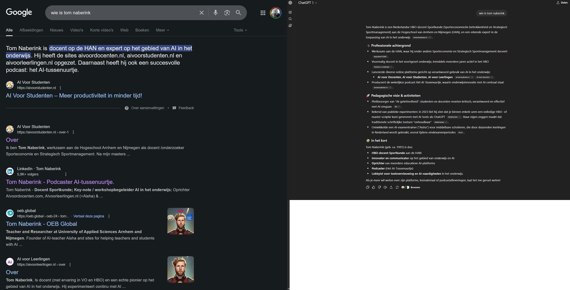 Vergelijking van Google-zoekresultaten en een ChatGPT-antwoord over Tom Naberink