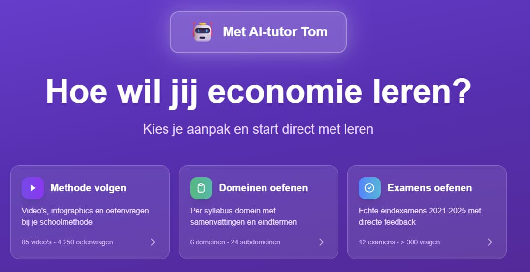 Keuzescherm van Economie met AI-tutor Tom met methodes, domeinen en examens