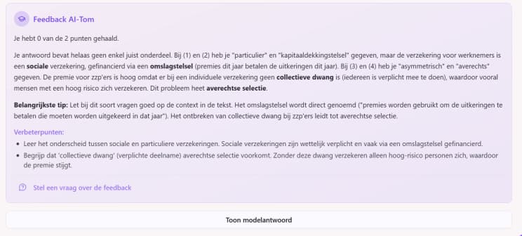 Feedback van AI-tutor Tom op een fout beantwoorde examenvraag