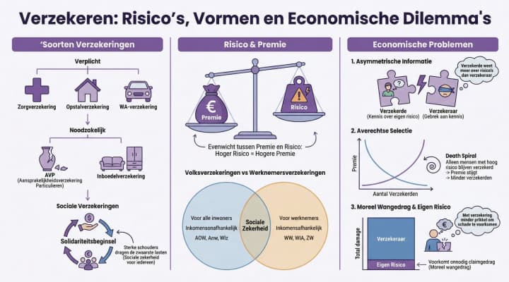 Infographic over verzekeren, risico's, vormen en economische dilemma's