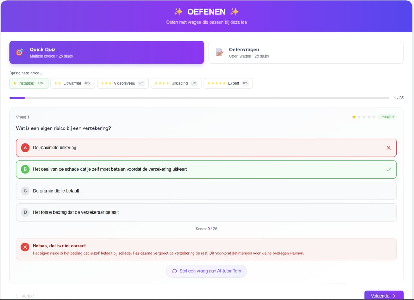 Meerkeuzeoefening over verzekeren met directe feedback op het antwoord