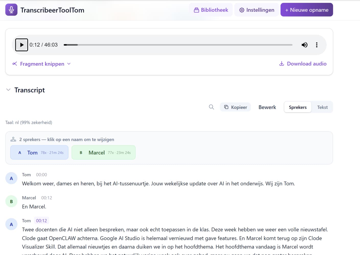 Transcriptweergave van TranscribeerToolTom met audiobalk, sprekers en uitgeschreven gesprek