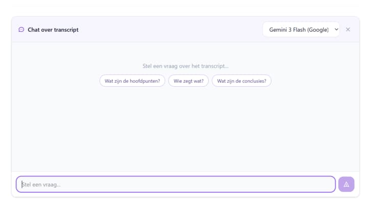 Chatvenster van TranscribeerToolTom voor vragen over een transcript