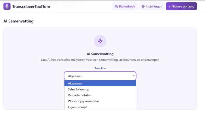 Keuzemenu met AI-samenvattingstemplates in TranscribeerToolTom