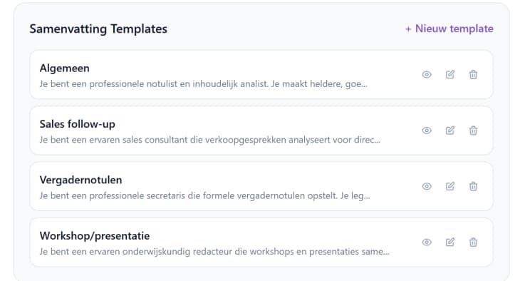 Overzicht van aangepaste samenvattingstemplates voor verschillende soorten transcripties