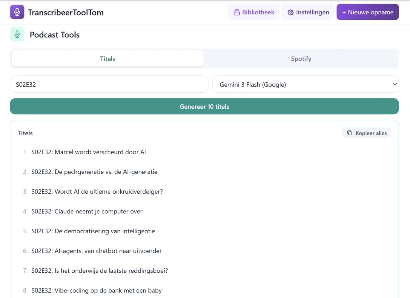 Podcasttools in TranscribeerToolTom met tien gegenereerde titels