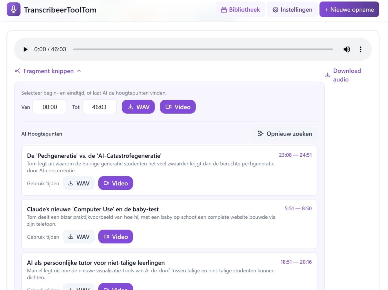 Podcasttools in TranscribeerToolTom met geselecteerde fragmenten en knoppen voor audio en video
