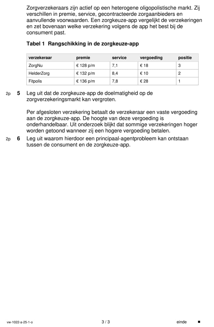 Tweede pagina van het gegenereerde economie-examen, met vragen over zorgverzekeraars en een tabel