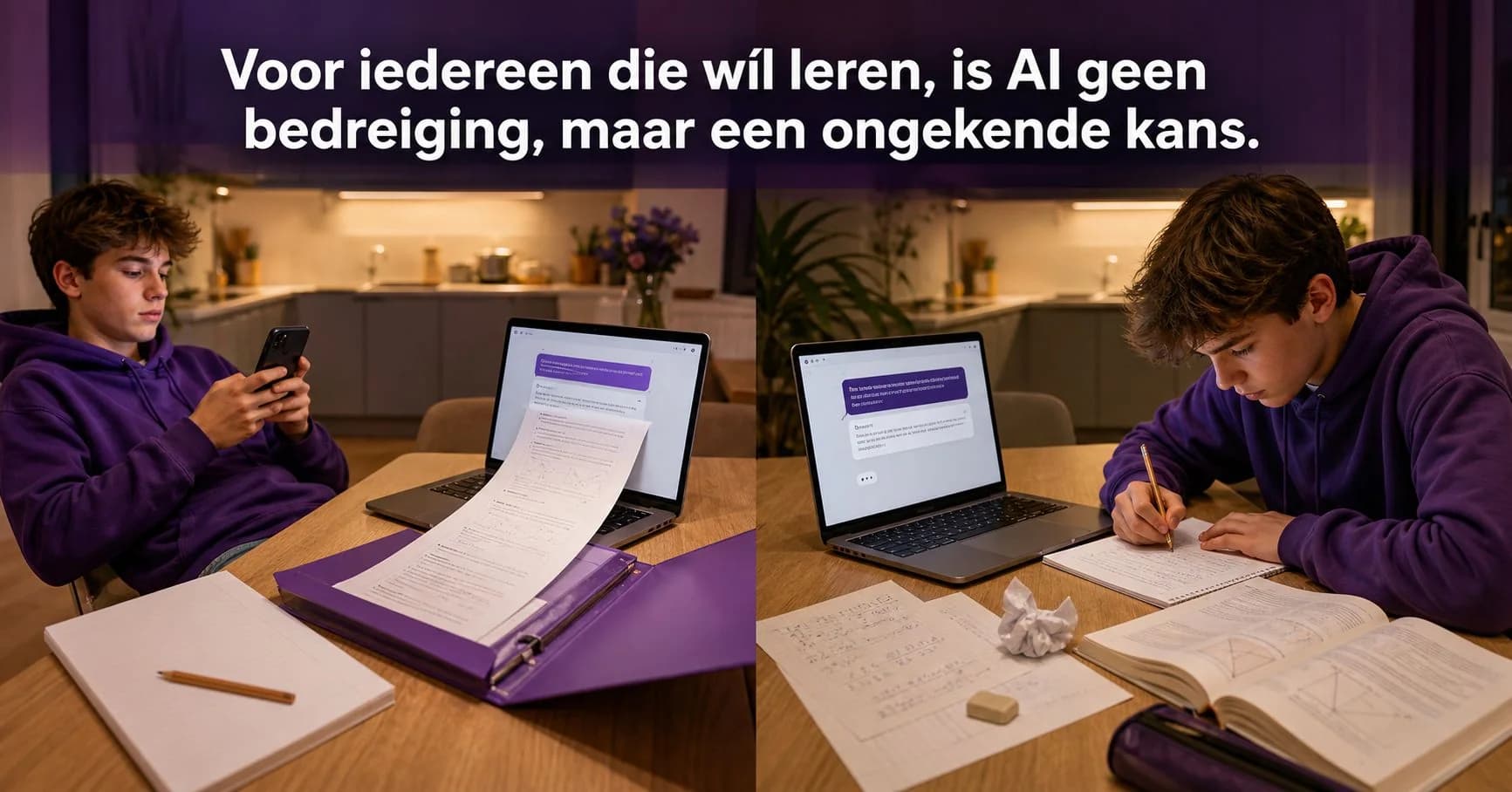 Twee beelden van een leerling met laptop: links gebruikt hij zijn telefoon naast door AI gemaakt werk, rechts werkt hij zelf met AI als ondersteuning