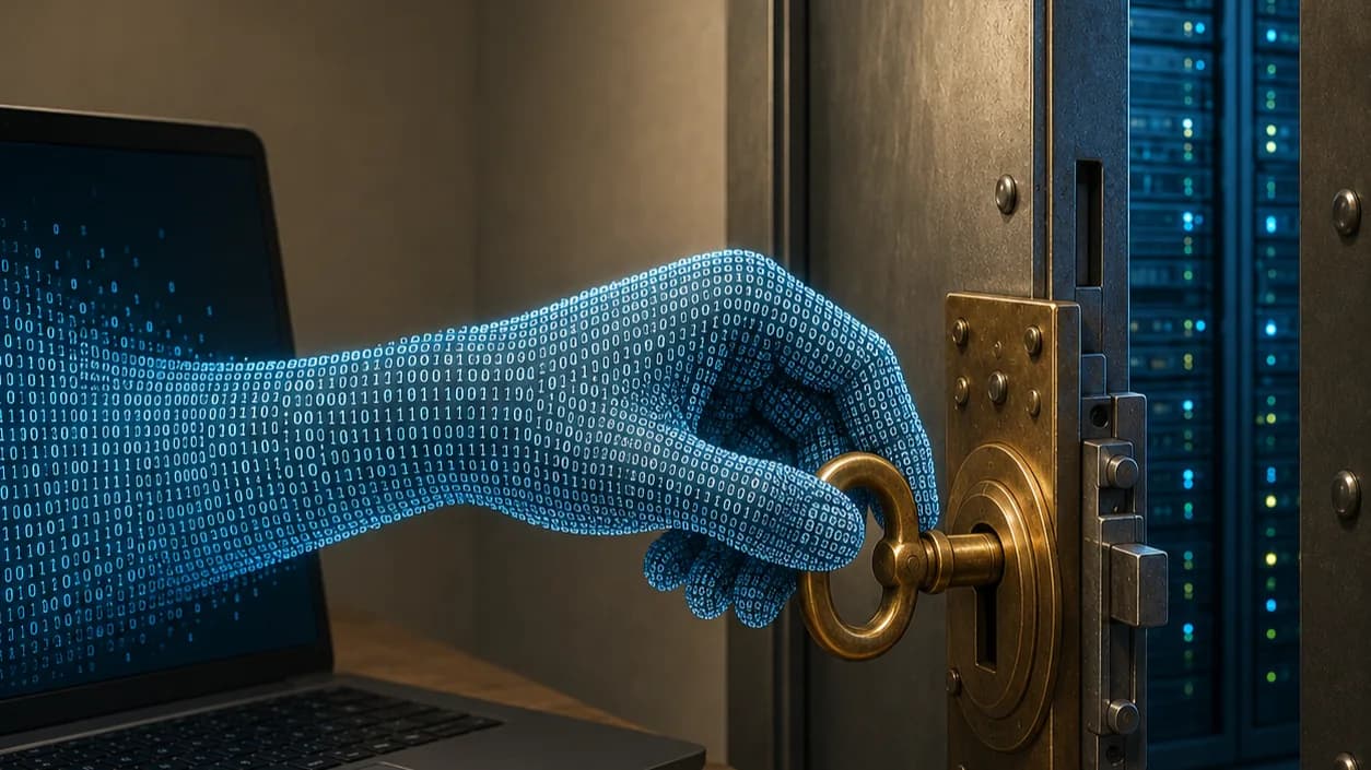 Digitale hand van binaire cijfers die een sleutel in het slot van een serverkast draait