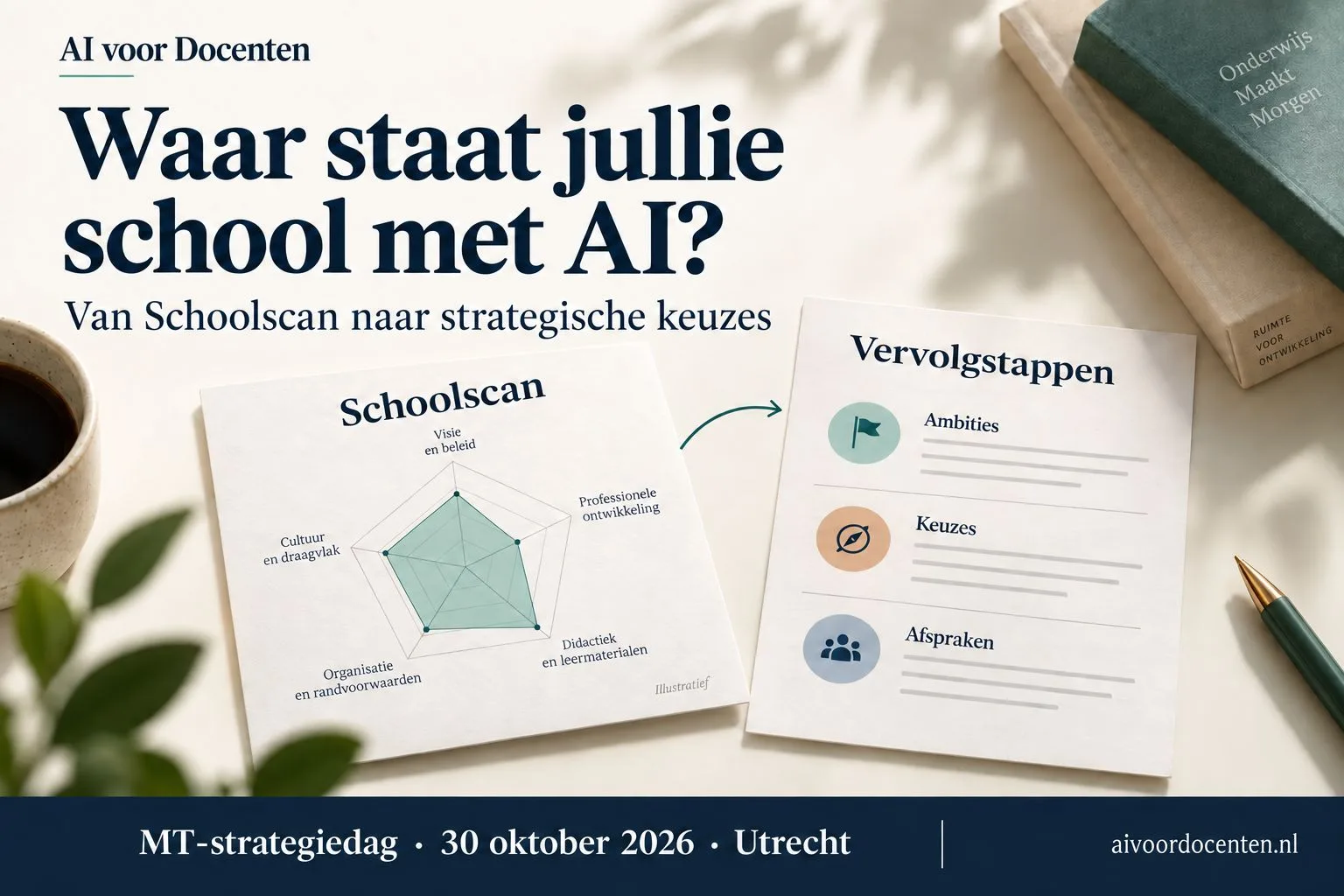 Schoolscan met radarprofiel naast een blad met vervolgstappen voor ambities, keuzes en afspraken over AI