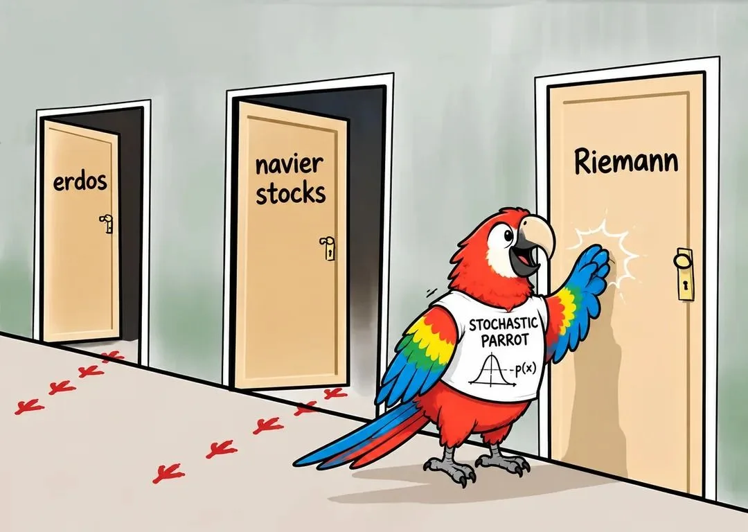 Cartoon van een papegaai met het shirt Stochastic Parrot die aanklopt bij de deur met het opschrift Riemann