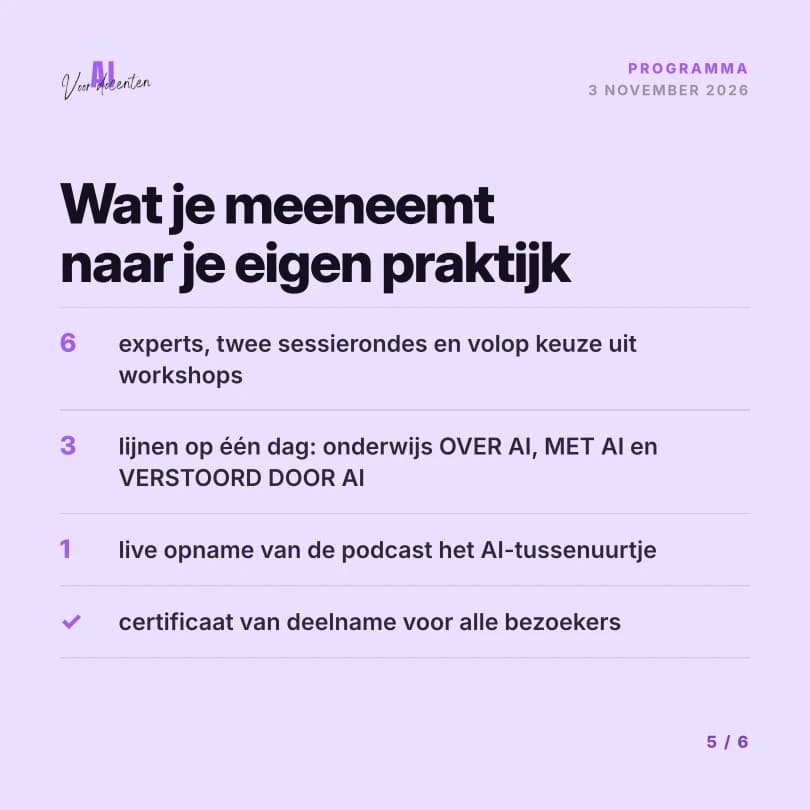 Programmaoverzicht van het congres met zes experts, drie AI-lijnen, een podcastopname en een certificaat
