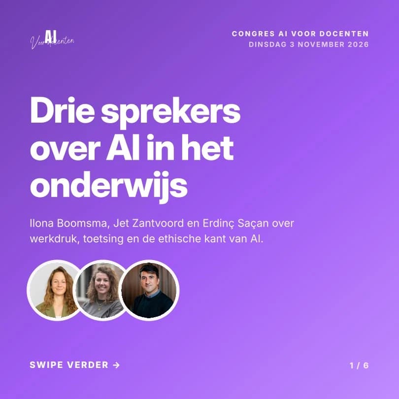 Paarse congrescover met portretten van Ilona Boomsma, Jet Zantvoord en Erdinç Saçan als sprekers over AI in het onderwijs
