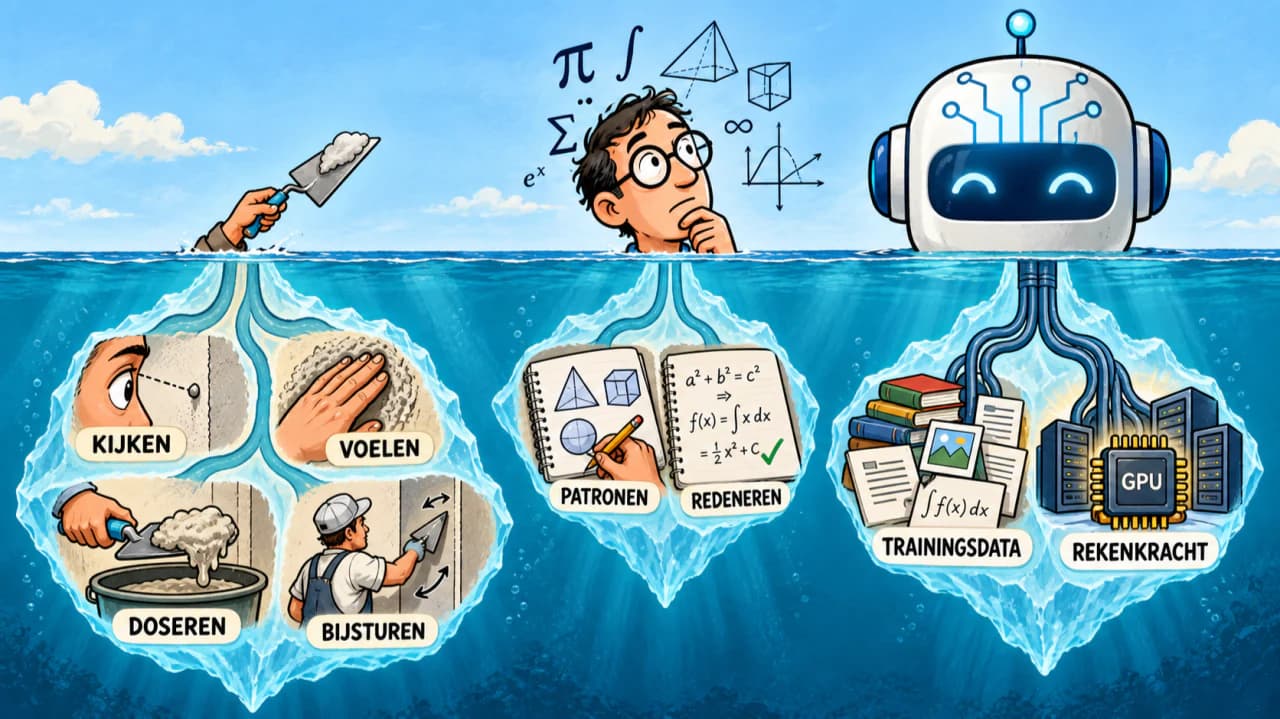 Cartoon van een mens en AI-robot bij een ijsberg met labels voor koken, voelen, doceren, besturen, rekenen en meer