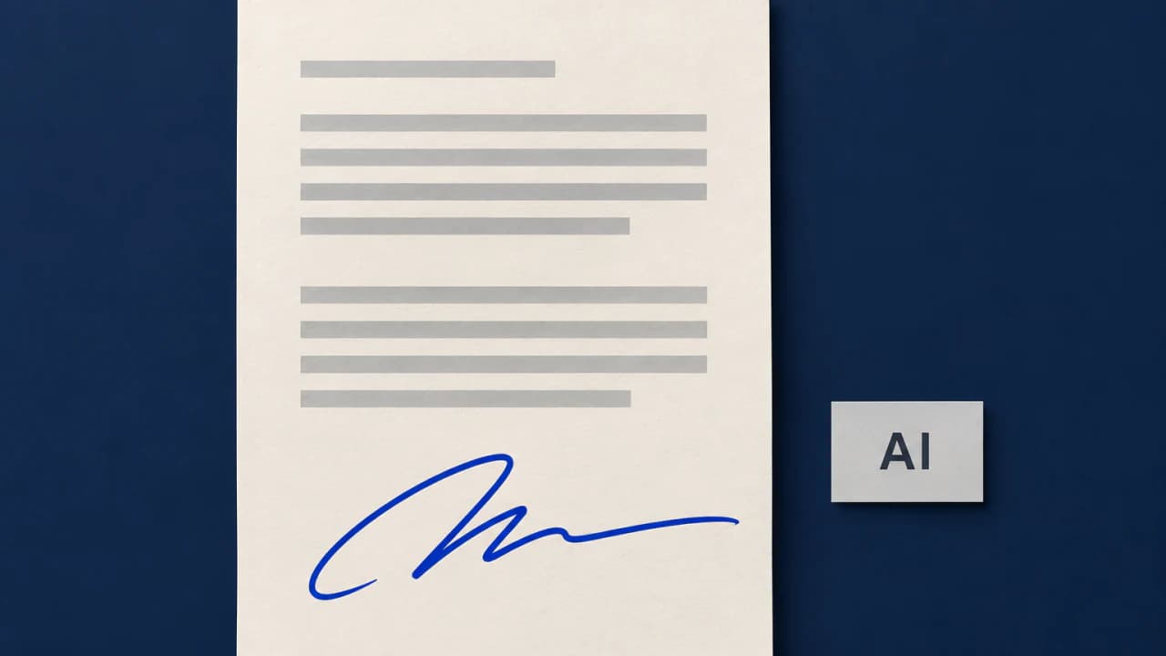 Open document met een blauwe handtekening naast een donkere knop met het woord AI