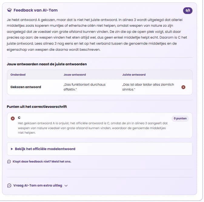AI-feedback op een Duits antwoord met punten, inhoudelijke uitleg en het officiële correctievoorschrift