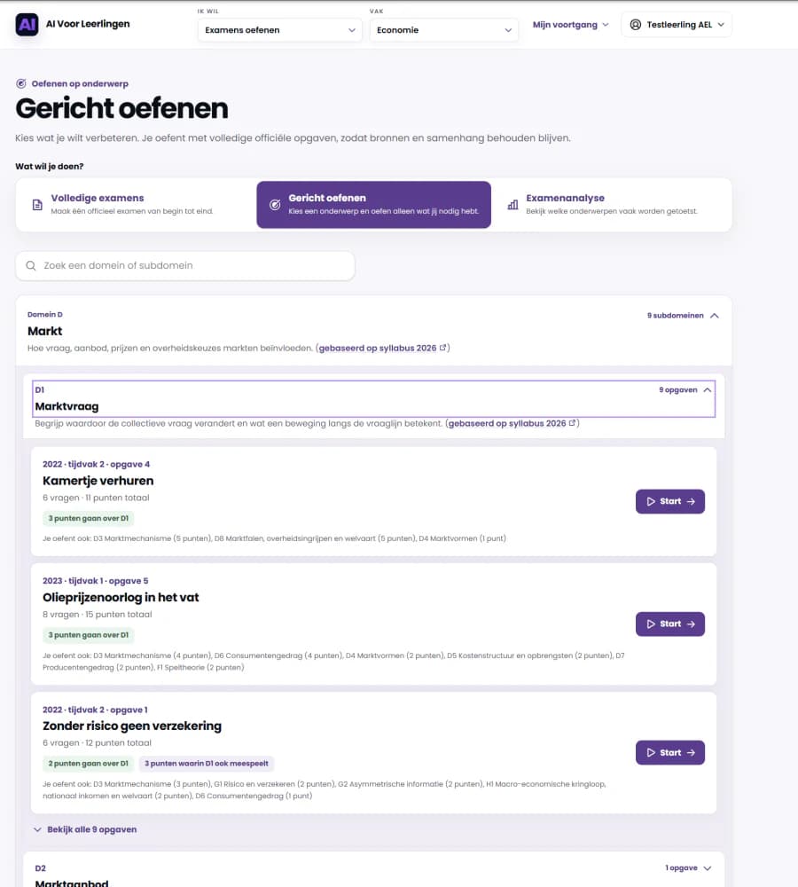 Pagina Gericht oefenen met een filter en oefeningen per economisch subdomein