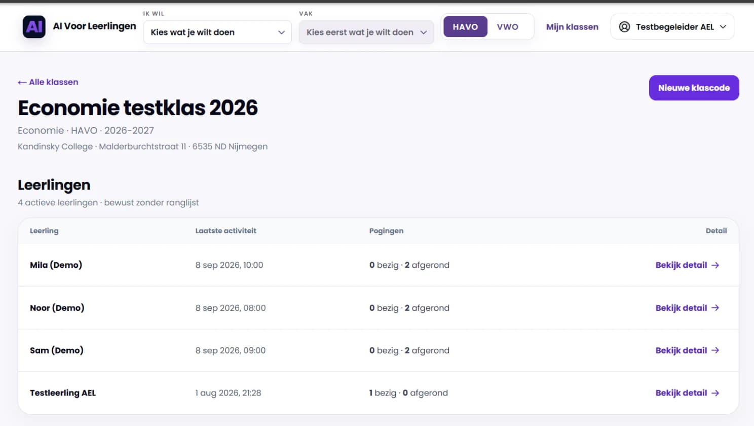 Docentenoverzicht van Economie testklas 2026 met leerlingen, voortgang en laatste activiteit
