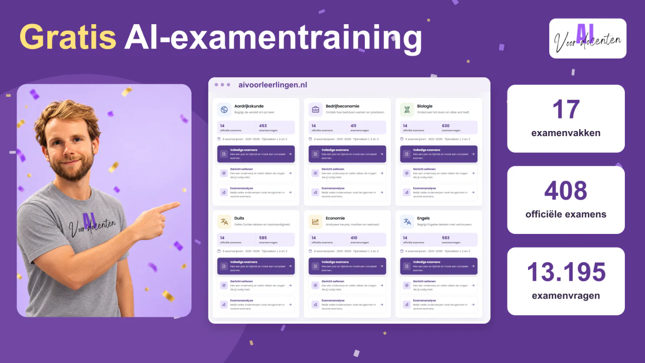 Paarse collage met Tom Naberink, de AI-examentraining en cijfers voor 17 examenvakken, 408 examens en 13.195 examenvragen
