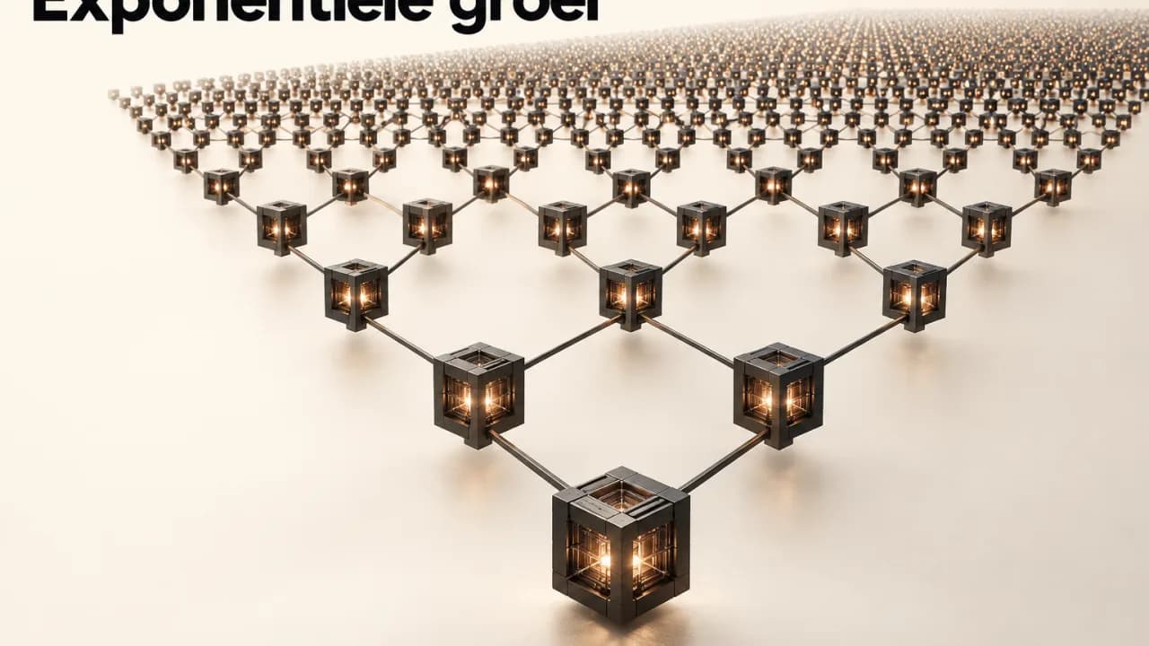 Netwerk van steeds meer verbonden lichtgevende kubussen als beeld voor exponentiële groei van AI