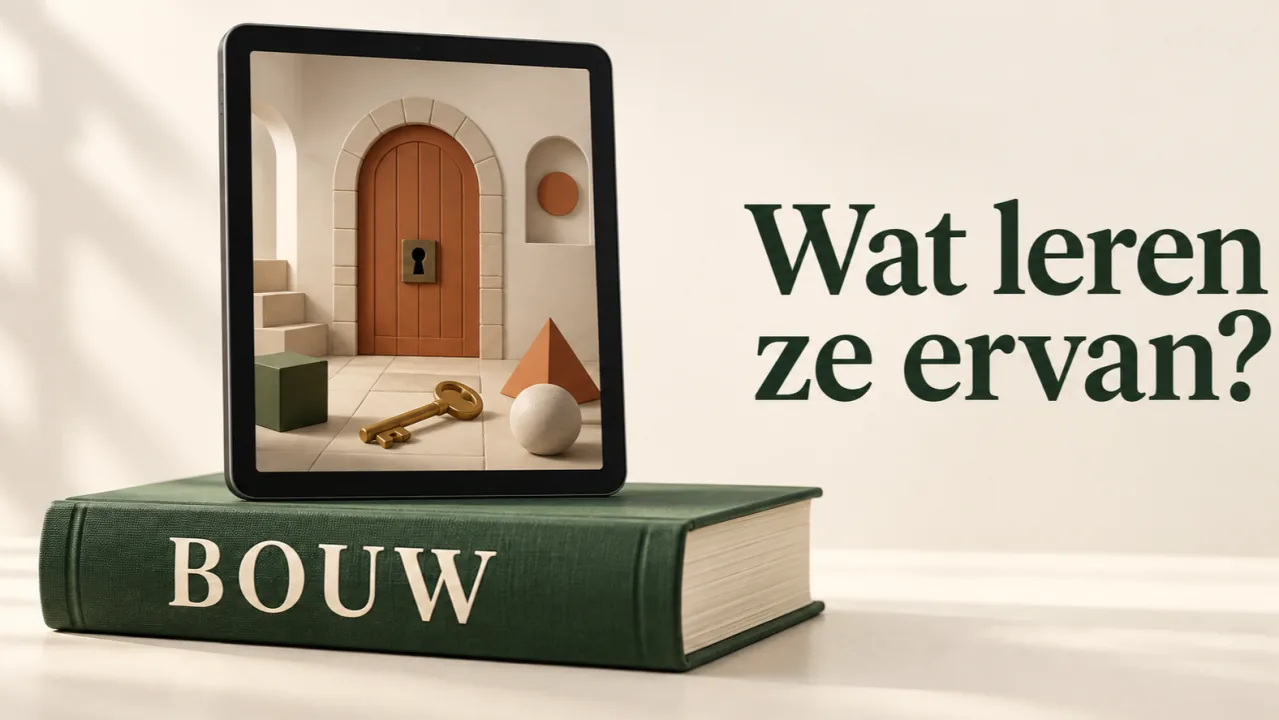 Tablet met een digitale escaperoom op het groene boek BOUW en de vraag wat leerlingen ervan leren