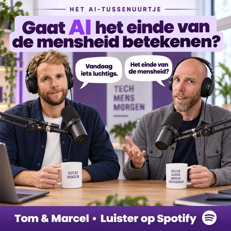 Tom Naberink en Marcel Mutsaarts achter podcastmicrofoons met de vraag of AI het einde van de mensheid betekent