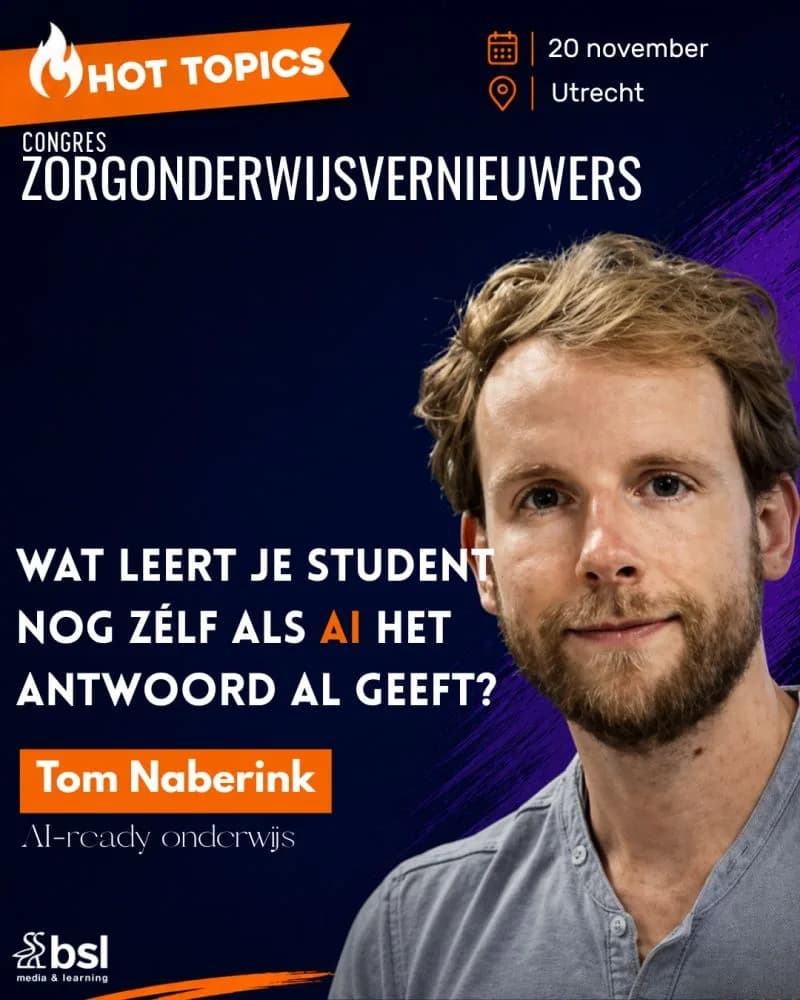 Hot Topics-poster met Tom Naberink over wat een student nog zelf leert als AI het antwoord geeft