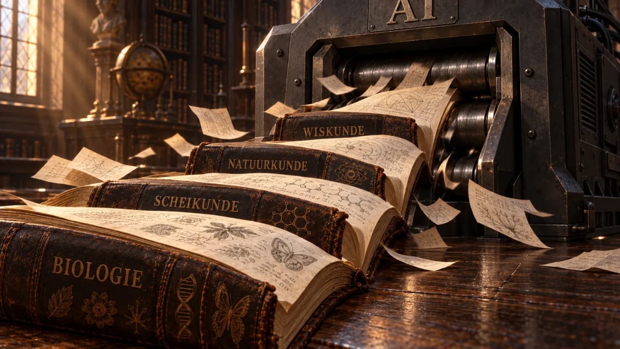 AI-machine verwerkt boeken en wetenschappelijke notities over wiskunde, natuurkunde, scheikunde en biologie