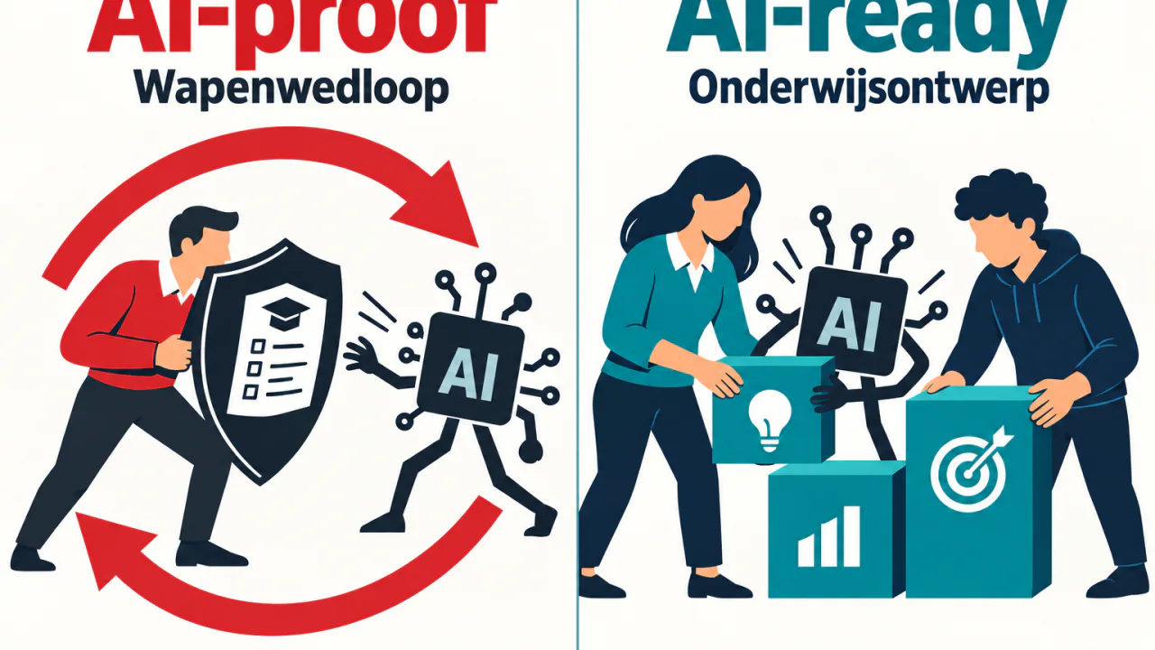 Illustratie van AI-proof als wapenwedloop tegenover AI-ready onderwijsontwerp met docent, student en AI