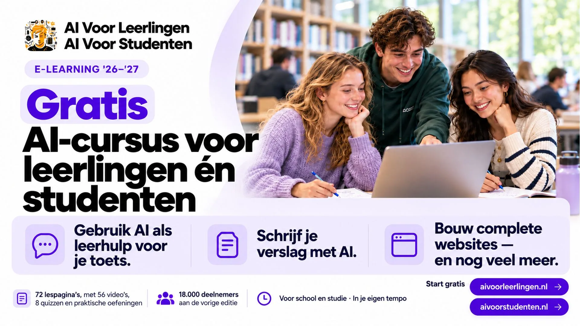 Poster van AI Voor Leerlingen en AI Voor Studenten met drie studenten achter een laptop en uitleg over de gratis AI-cursus