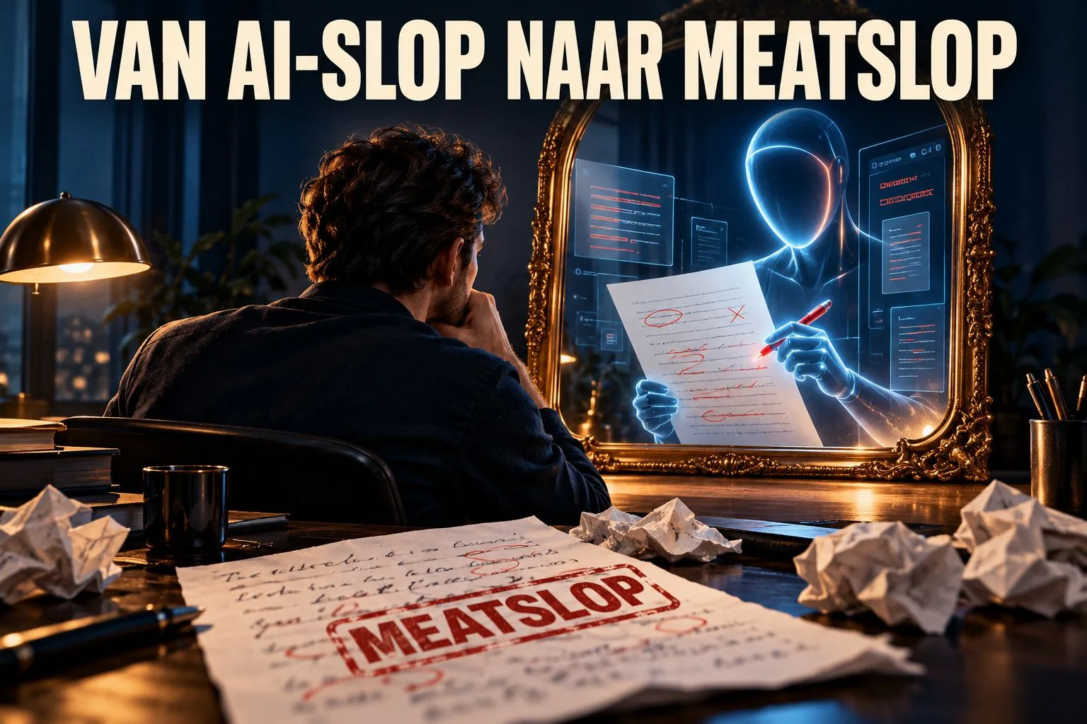 Illustratie van een schrijver die in een spiegel kijkt waarin een AI zijn tekst nakijkt, met de woorden Van AI-slop naar meatslop