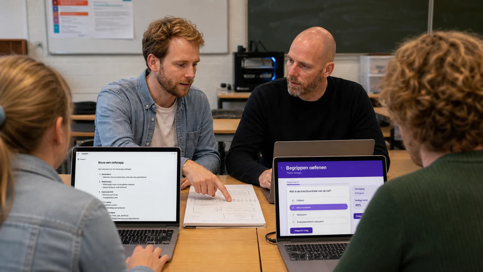 Docenten ontwerpen en testen samen een onderwijsapp aan tafel.