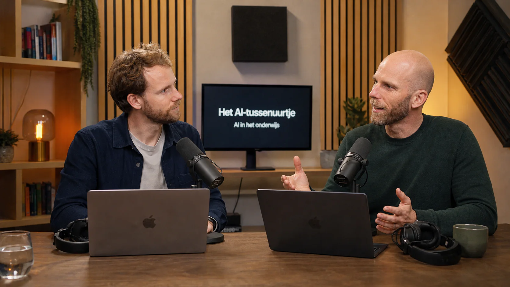 Tom Naberink en Marcel Mutsaarts in gesprek tijdens de opname van Het AI-tussenuurtje.