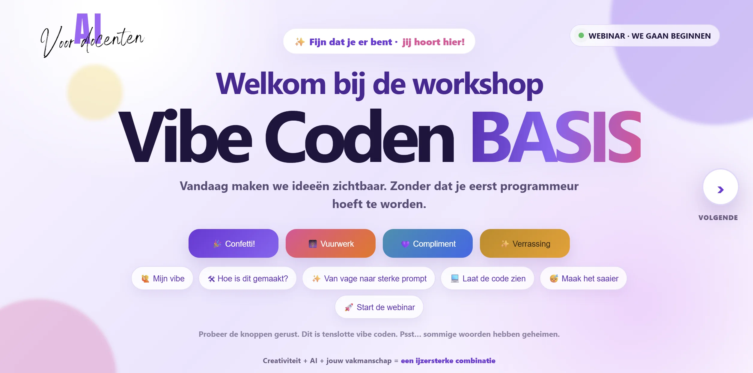 Welkomstscherm van het webinar Vibe Coden BASIS