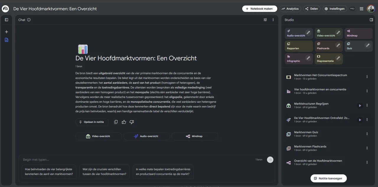 NotebookLM met een notebook over hoofdmarktvormen en verschillende studiematerialen