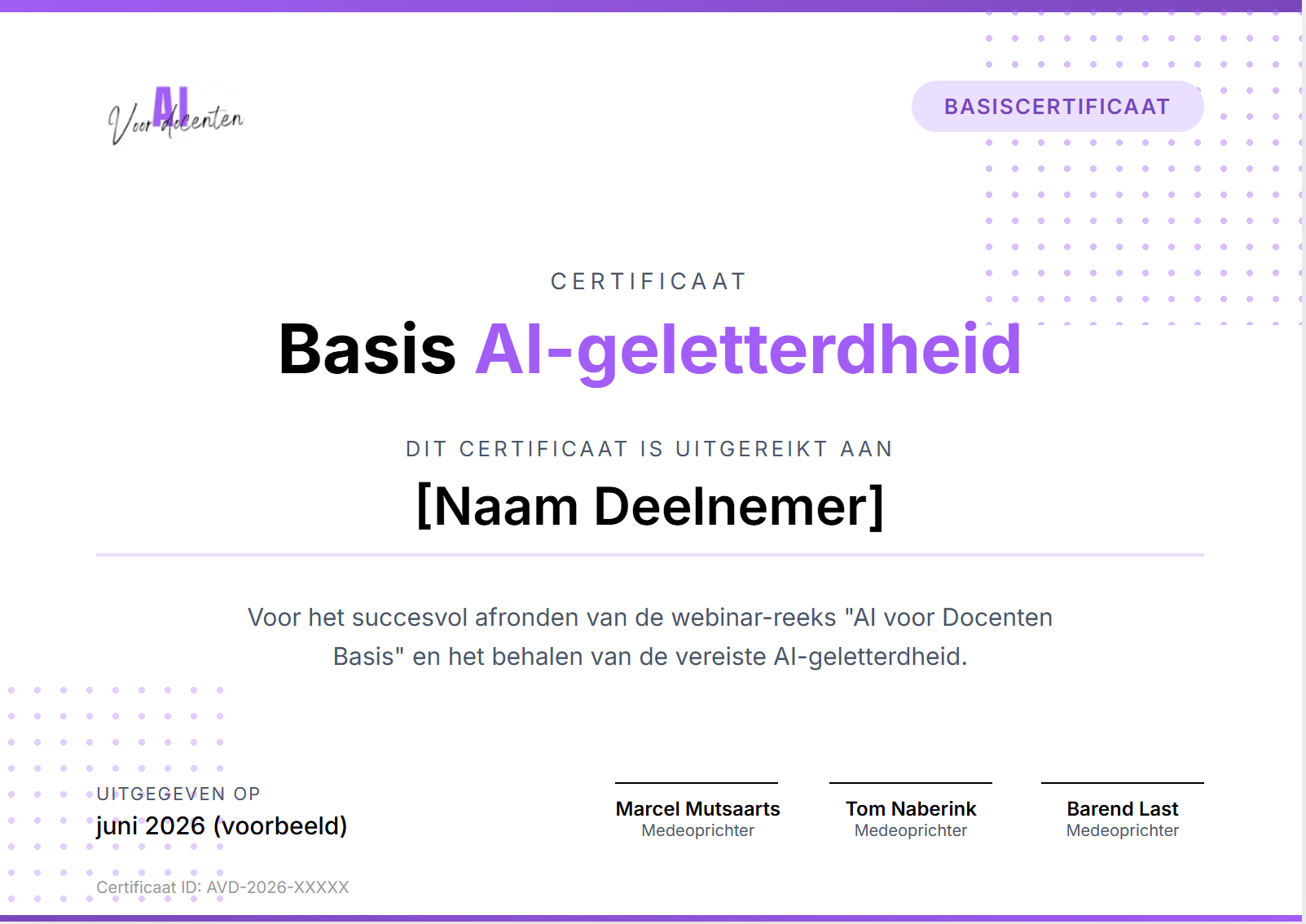 Voorbeeld Certificaat Basis AI-geletterdheid